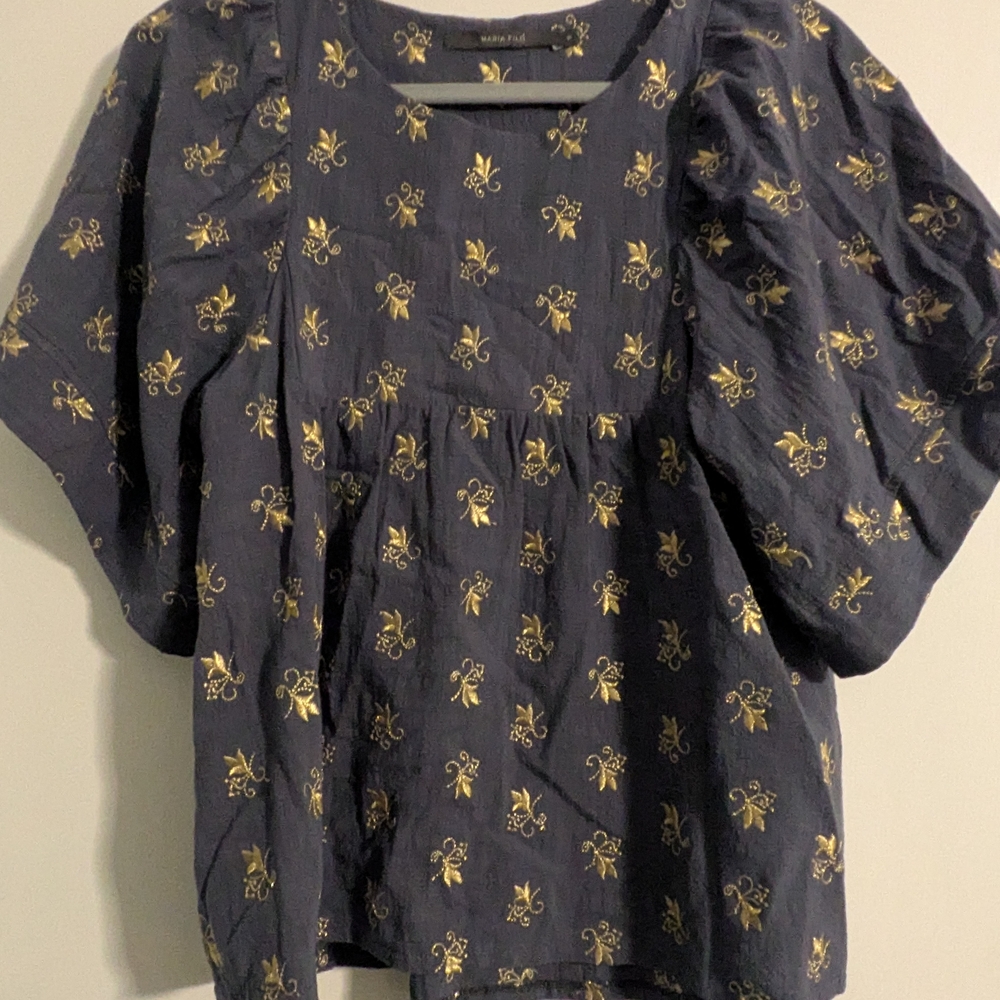 Navy Puff-Sleeve Blouse with Gold Floral Print